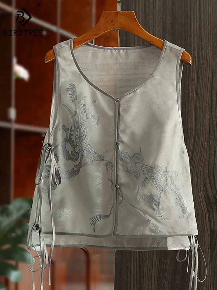 

Birdtree 100%Organza Silk Vest Chinoiserie V-neck Embroidery Disc Buckle Loose Literary Vintage Top Spring Summer 2024 C3D996QD