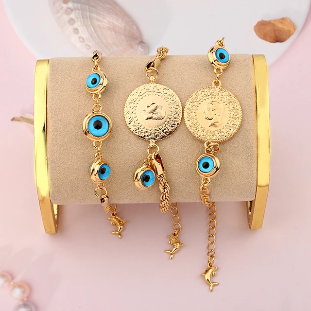 Bracelet with 18k Gold-Filled Small Round Beads and Colored Evil Eye P –  Colors And Shine
