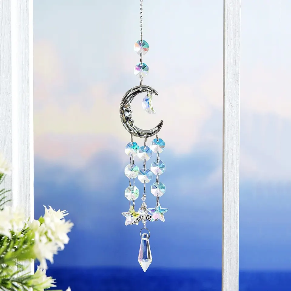 Nuyikaso Lot De 7 Pendentifs Attrape-soleil En Cristal - Arc-en-ciel - Lune - Décoration Pour Fenêtre, Maison, Jardin, Noël, Fête, Mariage - Doré