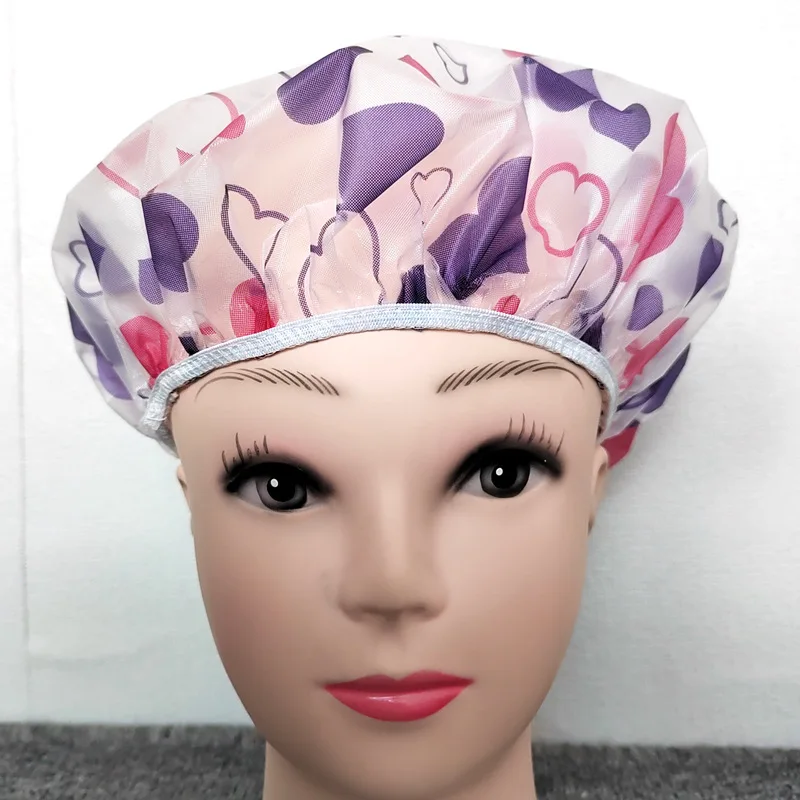Shower Cap Adjustable Printed Waterproof Reusable with Elastic Band For Women's Spa Salon Cartoon Transparent