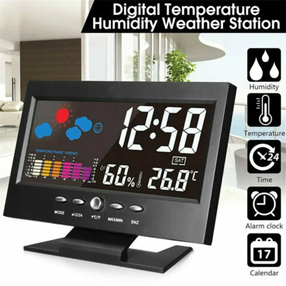 5-in-1 Led Digital Alarm Clock Energy Saving Calendar Weather LCD Display Thermometer Humidity Monitor With Snooze Functions