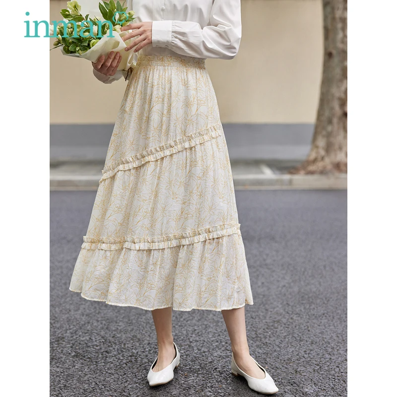 INMAN Women Skirt 2023 Autumn Elastic Waist A-shaped Loose Floral Print Texture Fabric Sweet Pastoral Style Yellow Skirt