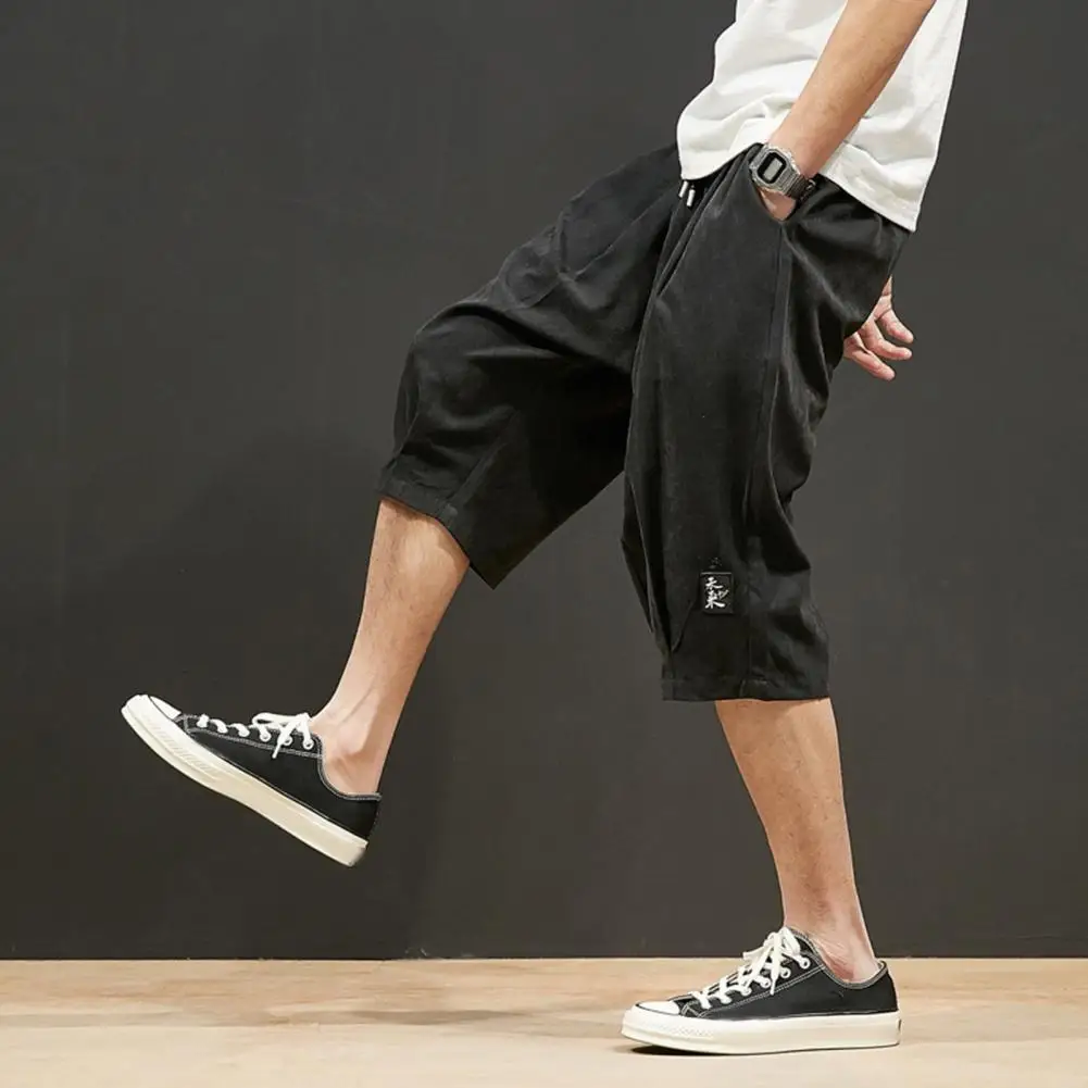 

Men Cropped Pants Men Casual Pants Men's Spring Cargo Pants with Side Pockets Drawstring Waist Solid Color Gym for Cropped