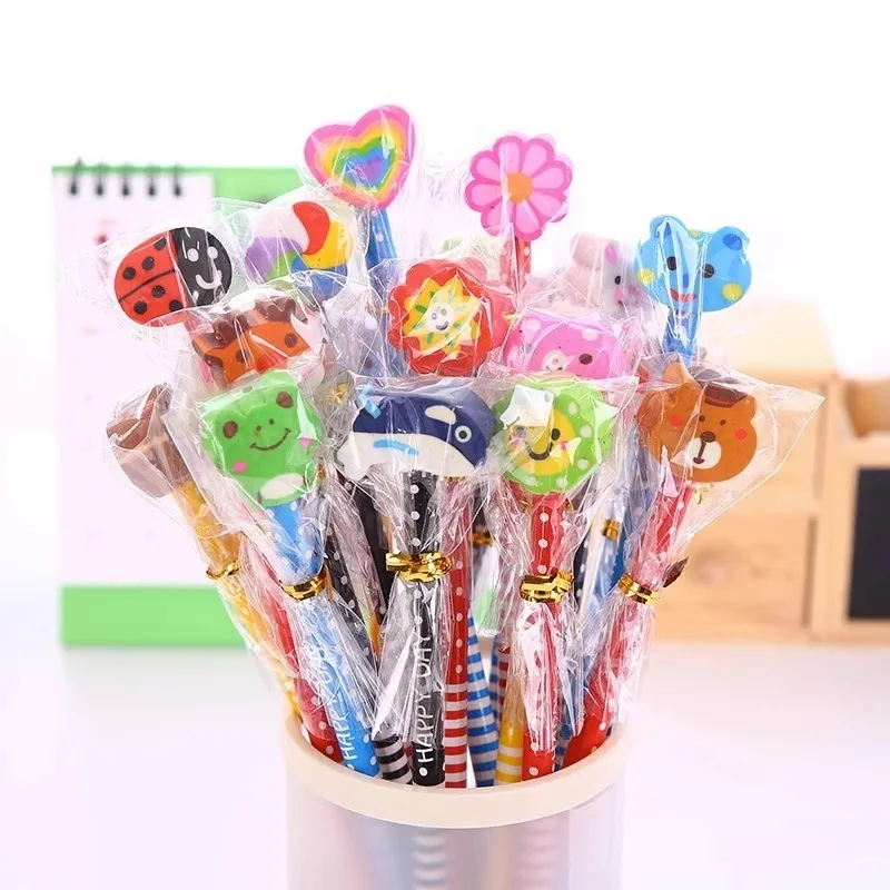 Eraser Pencil Writing Stationery 40piece Random cartoon animal HB pencils School students Wooden pen with removable eraser cute erasable correction pen