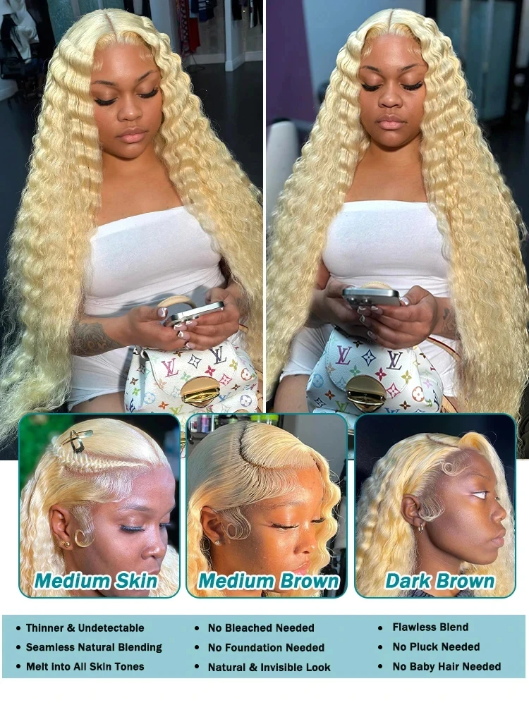 46 Inch Jerry Curly Blonde 613 Human Hair Wigs Wavy Colored 13x6 HD Lace Wig Deep Wave Frontal Kinky Curls Multi Parting 4