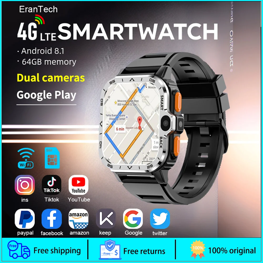 4G LTE 스마트 워치, 비디오 음성 및 Wi-Fi 통화 메시징이 결합 된 내장 GPS, NFC 카메라 2 개, 구글 플레이 스마트 워치 남성용