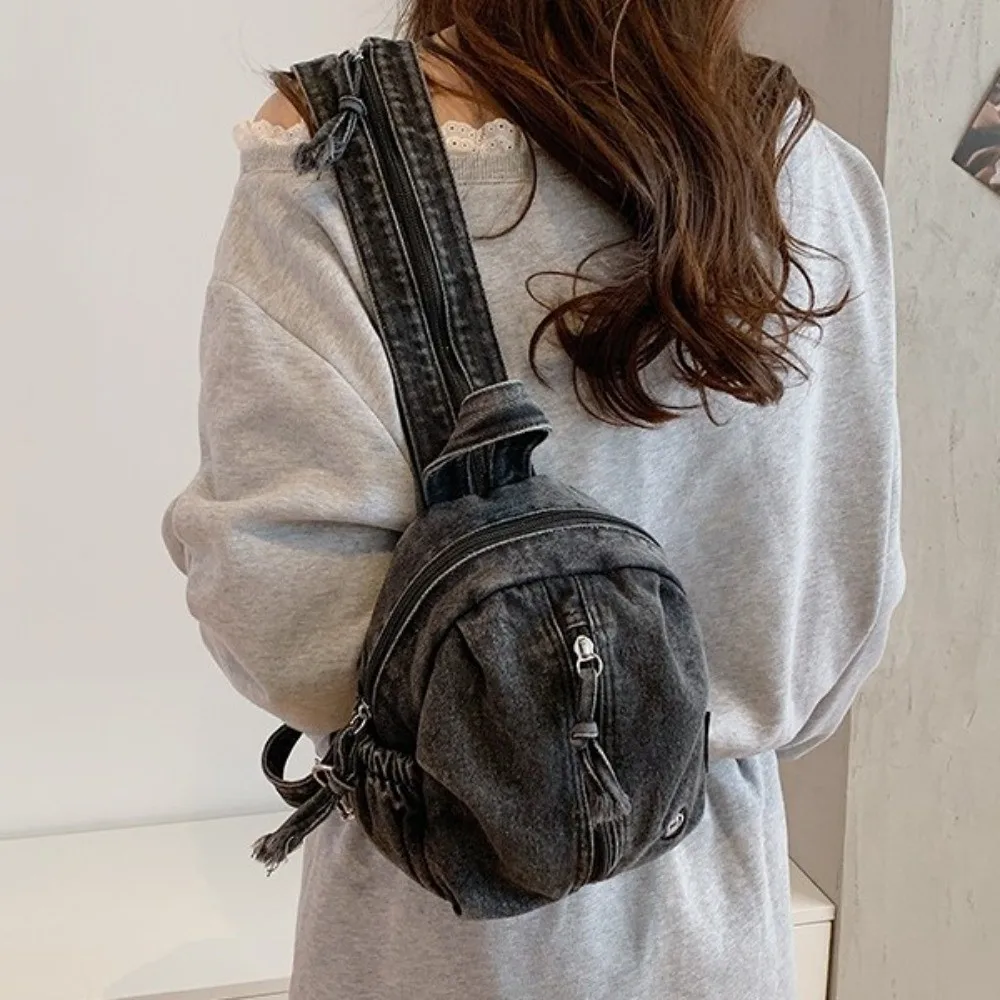 Elegante Zaino in Denim Morbido, Borsa a Tracolla Leggera Vintage Lavata, Mini Borsa da Viaggio Multiuso Versatile per Uso Casual
