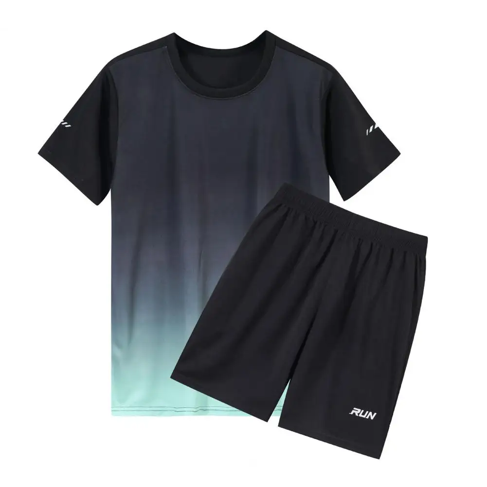 

Men Sports Suit Men's Casual Sport Outfit Set with O-neck Short Sleeve Tops Elastic Waistband Wide Leg Shorts Ice Silk