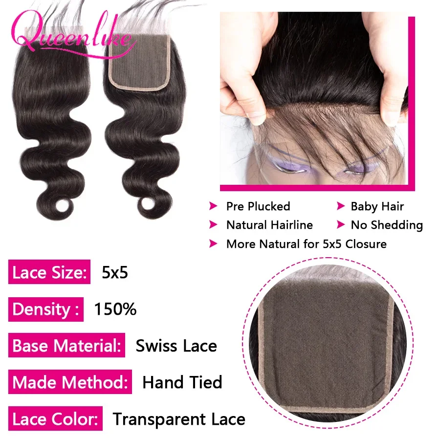 Queenlike 14-24 inch 4x4/5x5/6x6 Lace Closure 13x4 Body Wave Frontal Closure Only Brazilian 2x6 Middle Part Human Hair Closuse 3