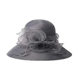 Elegant Navy Blue Wide Brim Derby Hat with Floral Fascinator - 56 to 58cm (Gray)