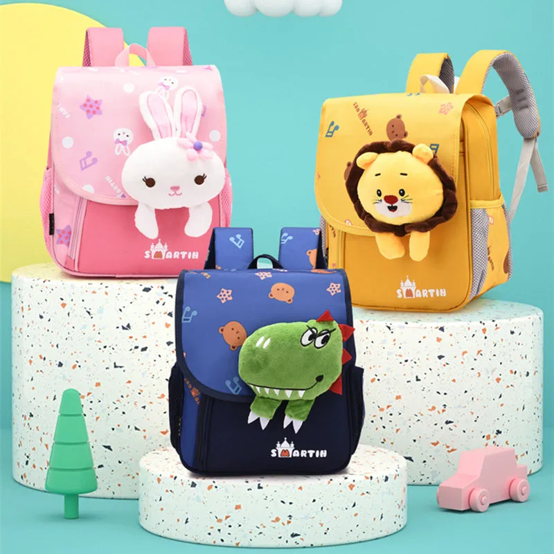 School bag for kids 5 to 6 year boys cartoon little dinosaur rabbit cat plush doll children's Kindergarten  backpack
