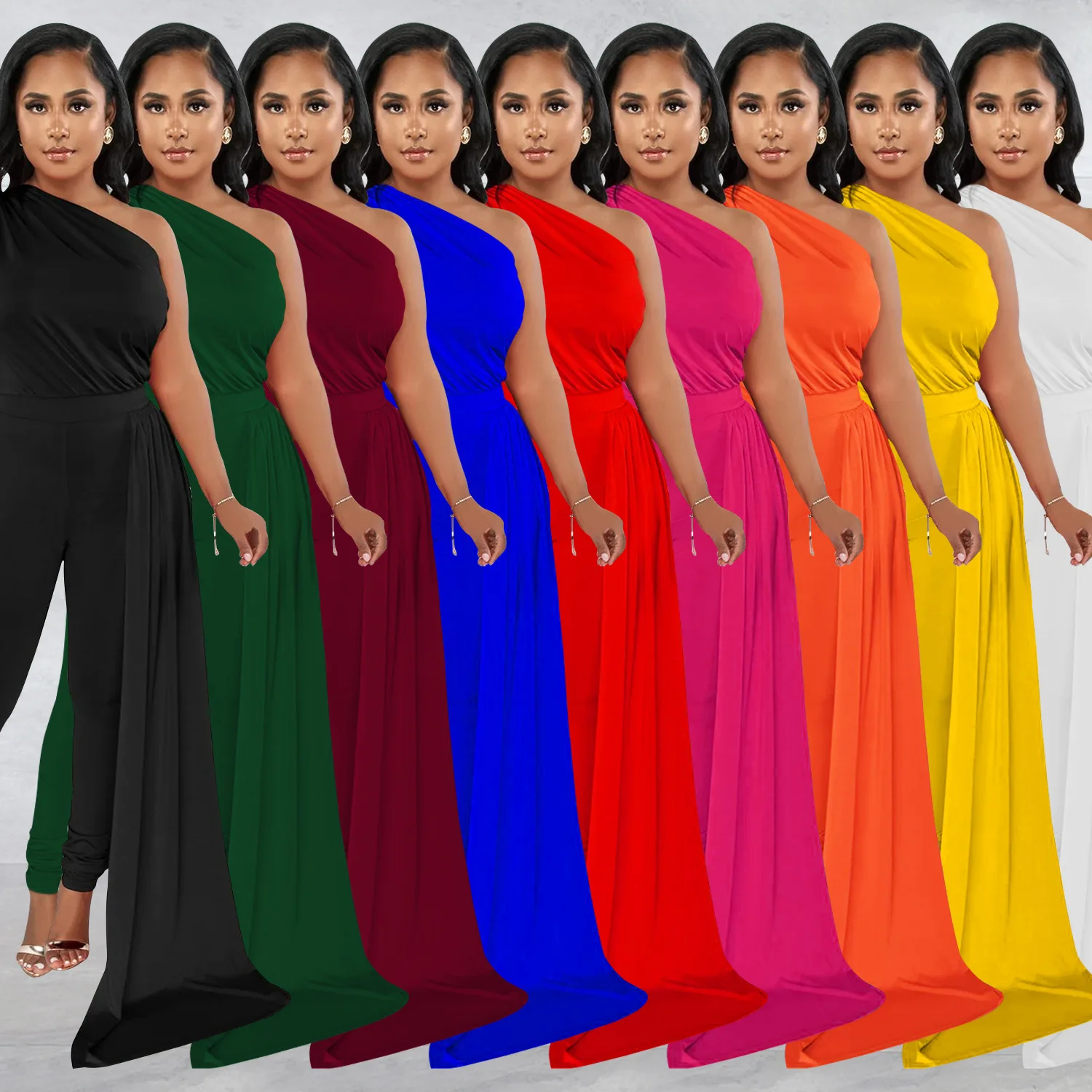 

2024 Spring And Summer Women's Solid Color Slanted Cape One-shoulder Long-sleeved Long Pants Jumpsuit