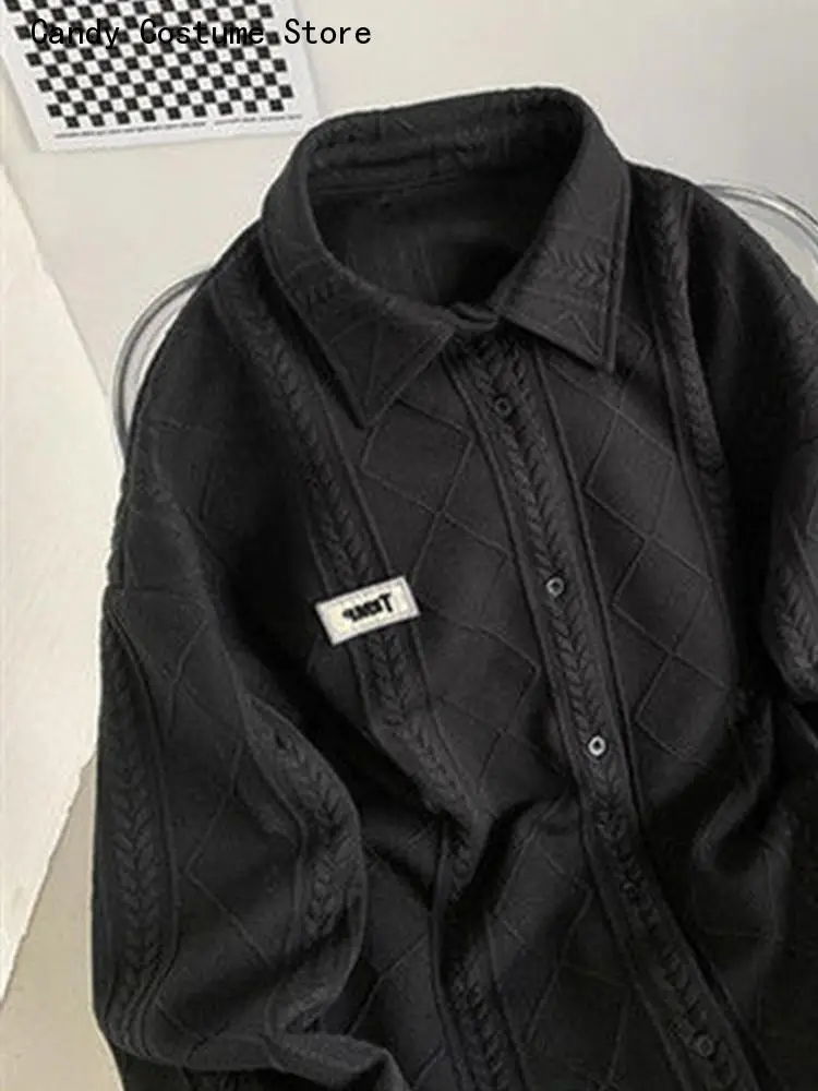 Long-Sleeve Top Loose Trend Diamond Button-Up Jacket High-End Waffle Lapel Shirt Cardigan Men Womenspring Autumn