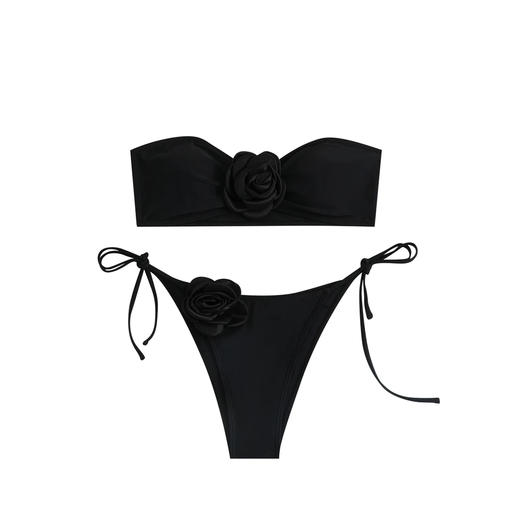 New Rose Chest Sexy Bikini Set Strapless Tube Top With Drawstring Strap Bottom Swimming Two Piece Suit Solid Black/White