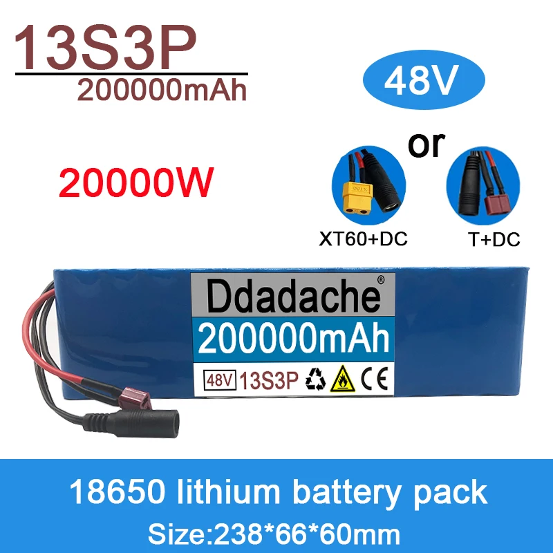 

100%Original 48V Lithium-ion Battery, 200000mAh, 20000W, 13S3P, for 54.6V Electric Bicycles, with Built-in BMS
