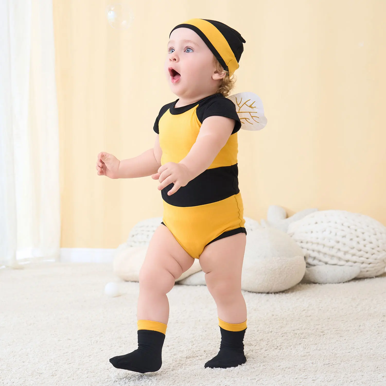 Honeybee Bee Costume for Baby Boys Girls 0-12M Bodysuit Hat Wings Socks Set Birthday Photography Fancy Dress