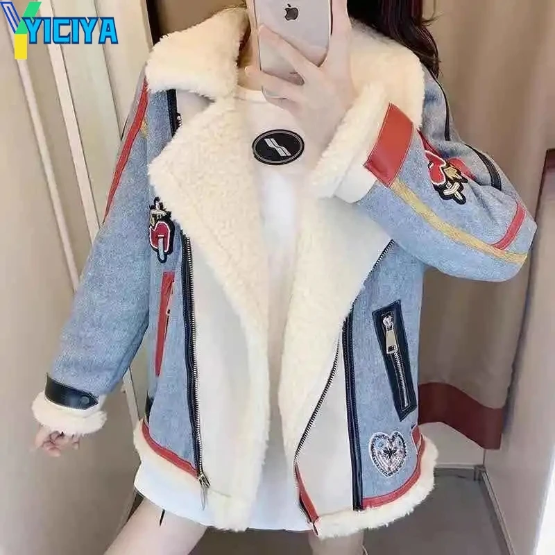 

YICIYA jacket Thicken lamb wool coats racing bomber women winter new outerwear varsity racing baseball jackets Oversize coat top