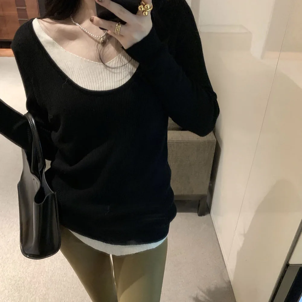 Women V Neck Long Sleeve Knitted Sweaters