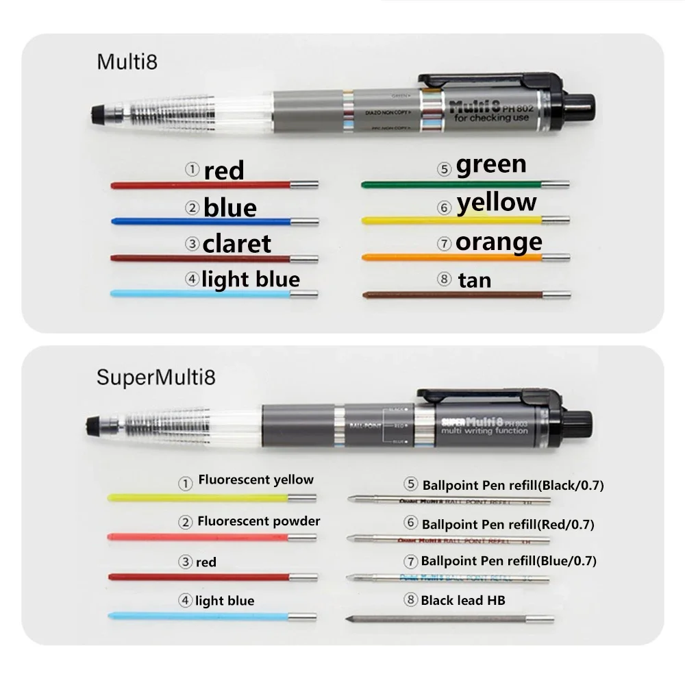 Japan Pentel PH803ST/PH802ST Multi+8 Mechanical Pencil 2.0mm Knock Type Colered Pencils Ballpoint Pen Refill 0.7mm School mechanical pencil