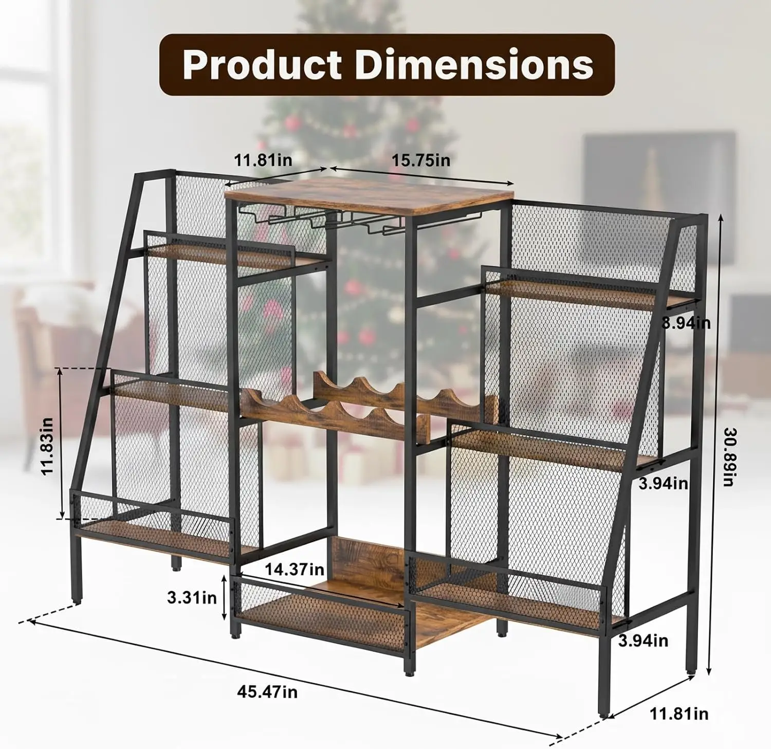 6-Tier Freestanding Wine Rack with Glass Holders & Fences, Large Bar Cabinet for Home Liquor Storage