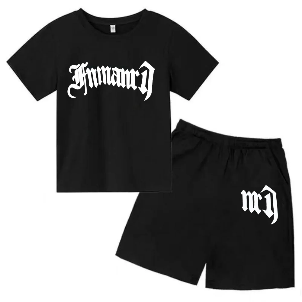 thumbnail image 1 of Ropa para niños con estampado de marca gótica, conjunto de camiseta y pantalones cortos de verano para adolescentes, 2 piezas, manga corta, moda informal para niños y niñas, 1 of 4