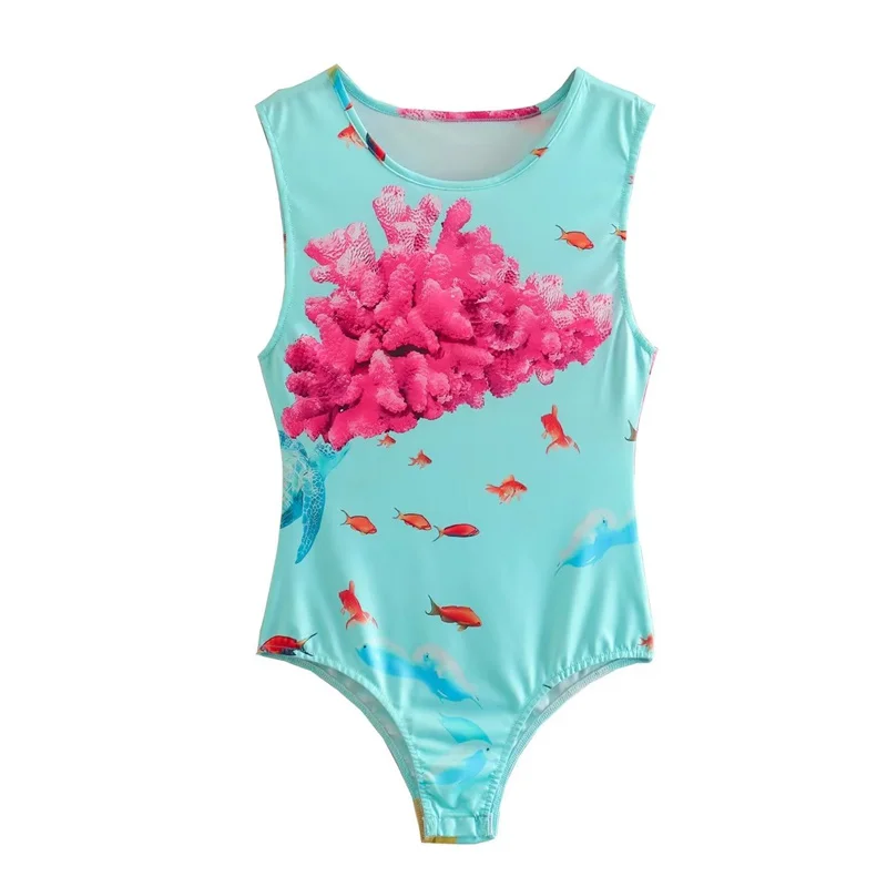 

Woman Chic Blue Print Sleeveless Bodysuit 2023 Summer Slim Elastic Tank Bodysuits Ladies Soft Floral Beach Bodysuit