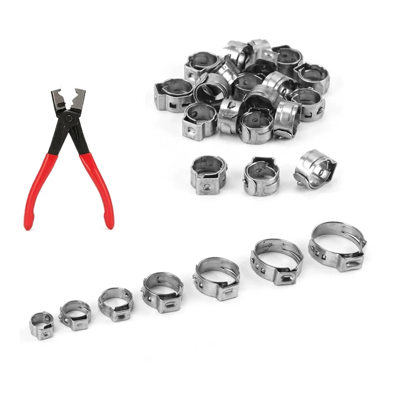 

130 Piece Single Ear Stepless Hose Clamp +1PC Hose Clip Clamp Pliers Stainless Steel 7-21Mm Hose Clamp Cinch Clamp Rings