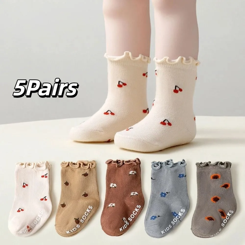 5Pairs Flower Baby Cotton Socks Breathable Pleated Toddle Short Tube Socks Cute Autumn Spring Children Cartoon Socks Children