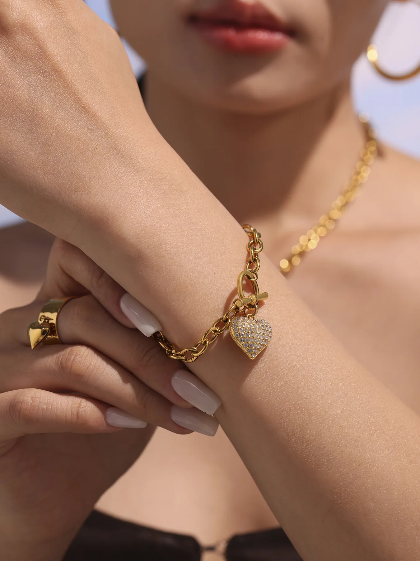 S203f43bd8d494f328b97bf9410db8a44C 316 Stainless Steel Zircon Heart Pendant Necklace Women Luxury 18K Gold-Plated Chunky Chain Bracelet Waterproof Jewelry Set Mallzona