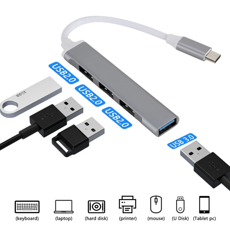 UltraSlim Aluminum USB-C Hub: 4-Port SuperSpeed Adapter for Computers and Laptops