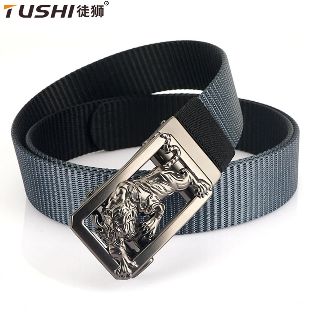

TUSHI Man Double-sided Nylon Belt Tiger Rotate Metal Automatic Buckle Canvas Belts for Men Jeans Waistband Bicolor Male Strap