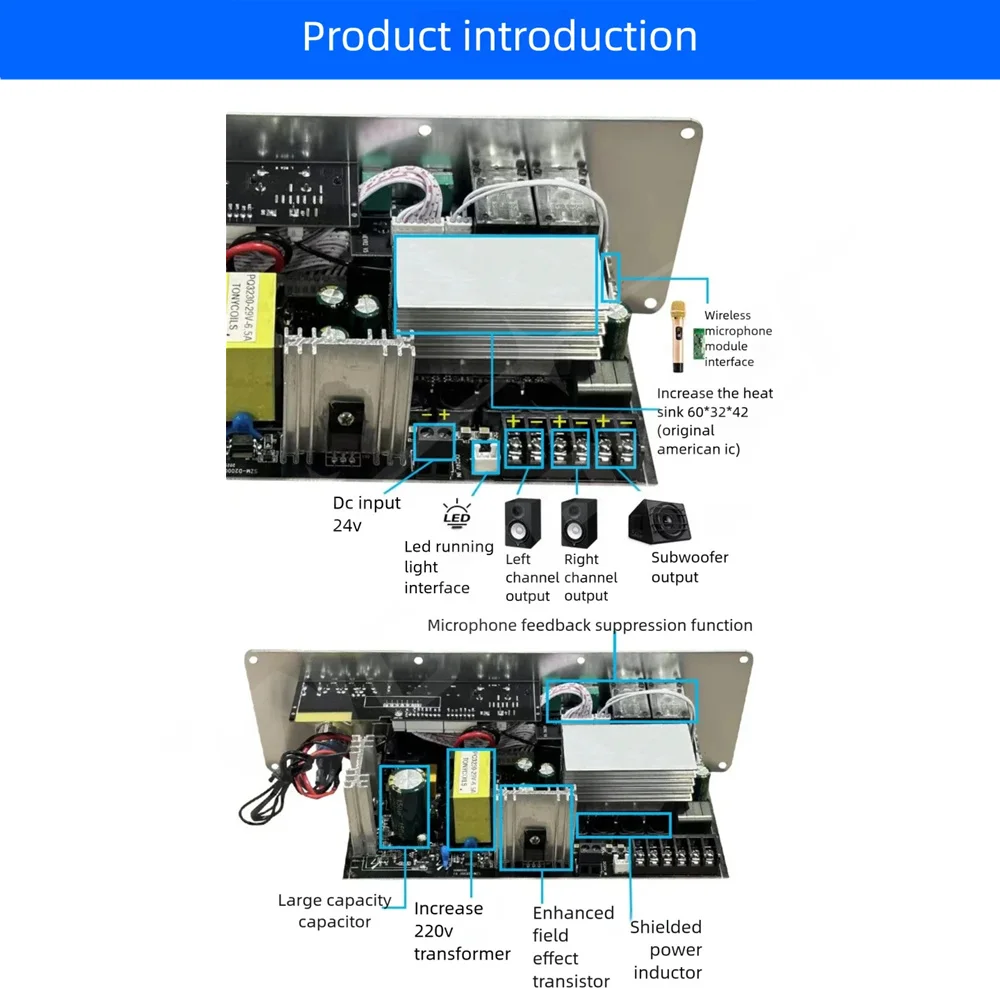 Audio Amplifier Board 100W+100W+200W Support Wireless Microphone Bluetooth5.1 Ch