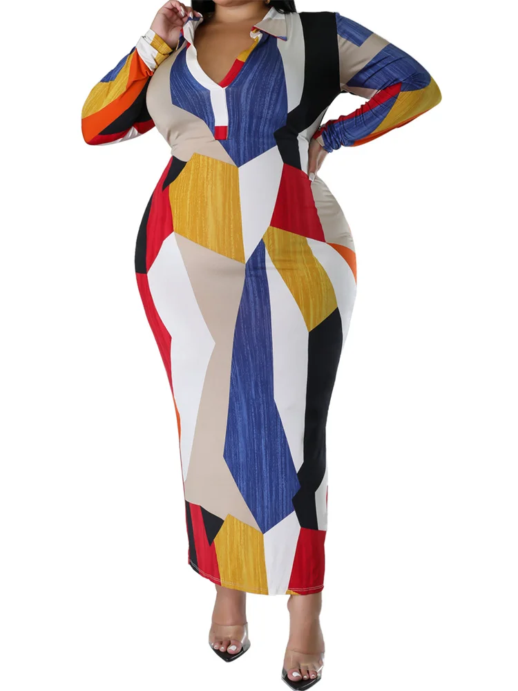 Wmstar Plus Size Dresses for Women Printed Fashion Long Sleeve Bodycon Stretch Fall Clothes Maxi Dresses Wholesale Dropshipping