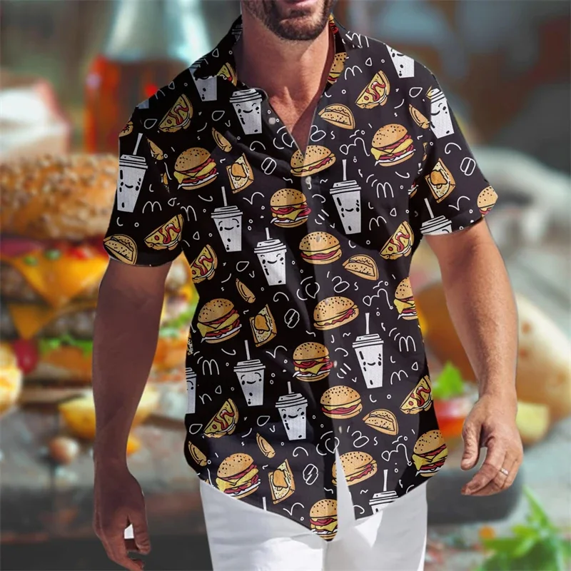 thumbnail image 1 of Camisa hawaiana con gráfico de hamburguesas y papas fritas para hombre, camisas hawaianas holgadas de manga corta con estampado 3D de comida, blusas de calle con solapa, 1 of 5