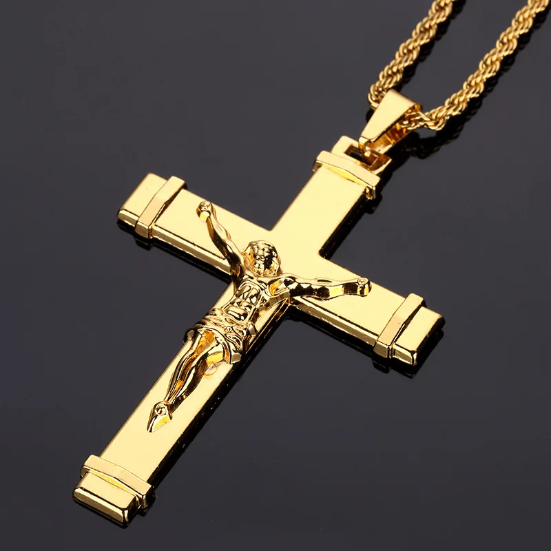 High quality 24K Gold Plated Jesus Christ Cross Pendant Hip hop Rap Golden Crucifixio Cuban Chain Necklace Men Jewelry 6