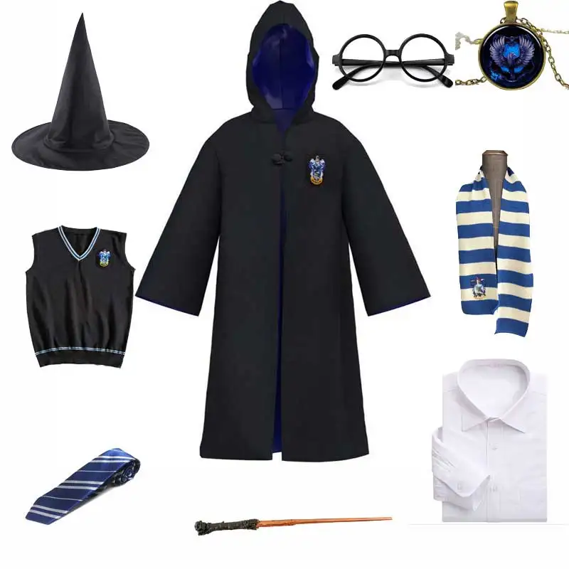 thumbnail image 1 of Uniforme escolar de bruja y mago para niños adultos, estilo Harris Potter, túnica, capa, bufanda, corbata, varita, collar, disfraz de Halloween, 1 of 5