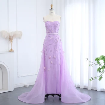 Luxury Feathers Beaded Lilac Evening Dresses with Overskirt Sweetheart Slit Arabic Women Wedding Party Gowns 456 2