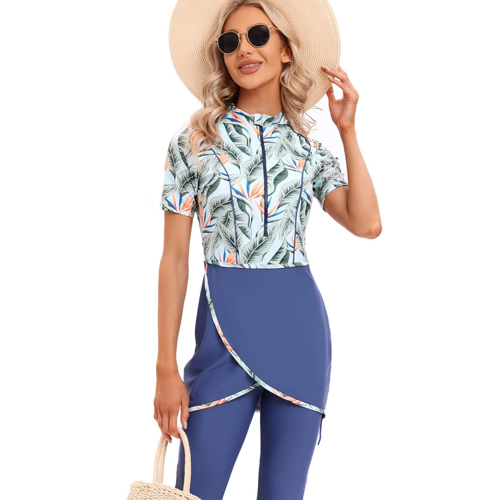Women Modest Hijab Muslim Swimsuit Islamic swim wear Burkini With Swim Hat Sport Swimwear Ladies Short Sleeve Print Mode