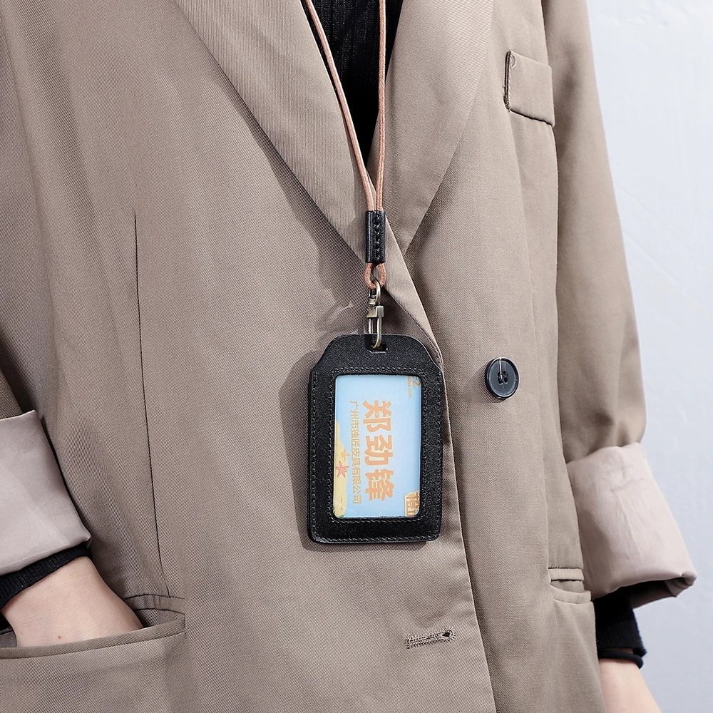 vegetable Tanned Leather Necked Access Card Holder Card Holder Work Card Bag Cowhide Certificate Bag Business Card Bag