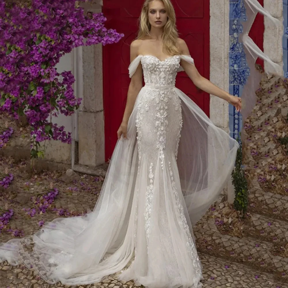 

Luxury Wedding Dress Sweetheart Off Shoulder Sleeveless Mermaid Dresses Lace Appliques Detachable Train Tulle Vestidos De Novia