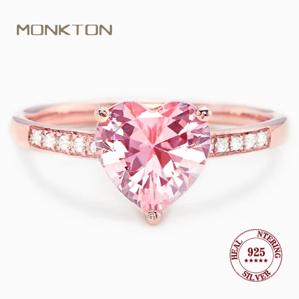 

Monkton S925 Sterling Silver Fashion Pink Heart Finger Rings for Women Bling Promise Wedding Band Love Rings for Women