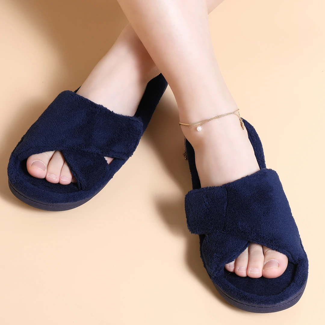 Bebealy Winter Arch Support Sippers for Women Adjustable Terry Cloth Fuzzy Indoor Slippers Open Toe House Shoes Casual Slippers