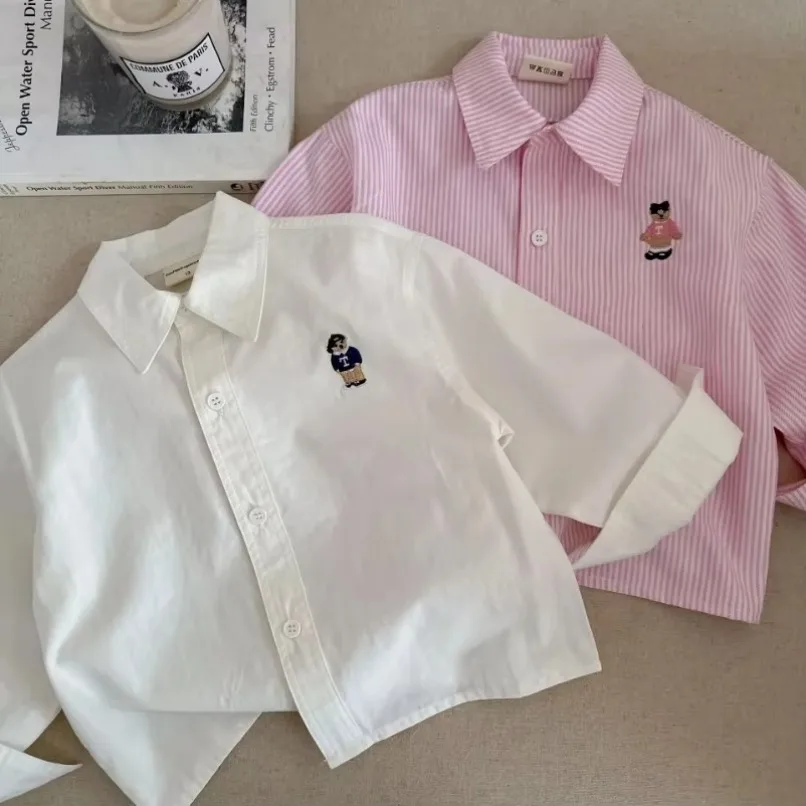 Children's Shirt Cartoon Boys' Girls' New Long Sleeve Blouses Shirts Korean Children's Clothing Spring Pink Blue White Blouse