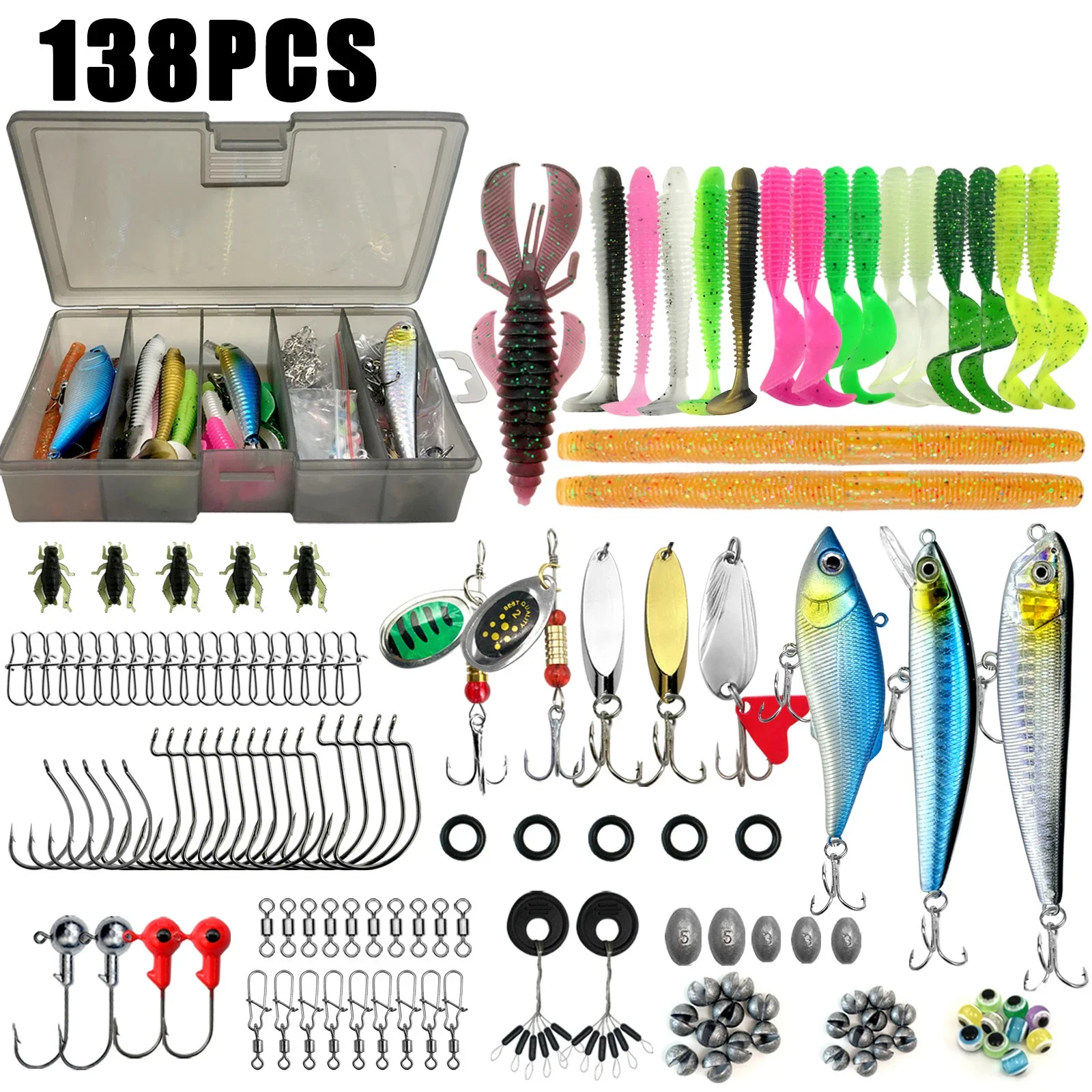 Fishing Lures Tackle Box with Crankbaits, Spoon, Hooks, Weights & Other Accessories, Fishing Bait Lure Gear Kit Gifts for Men 1