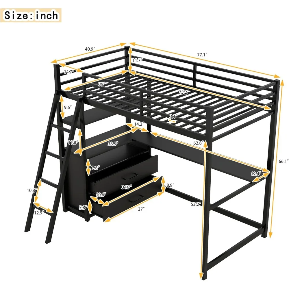 Twin Metal Loft Bed with Desk and Cabinet Loft Bed Twin Size Bed Frames Loft drawer top of wood to increase the service life. 6
