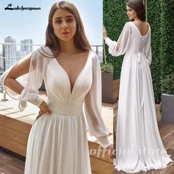 Lakshmigown Summer V Neck Pleat Belt Bridal Dress Women Long Puff Sleeves Bridal Gown Lace Up Back Chiffon A Line wedding dress