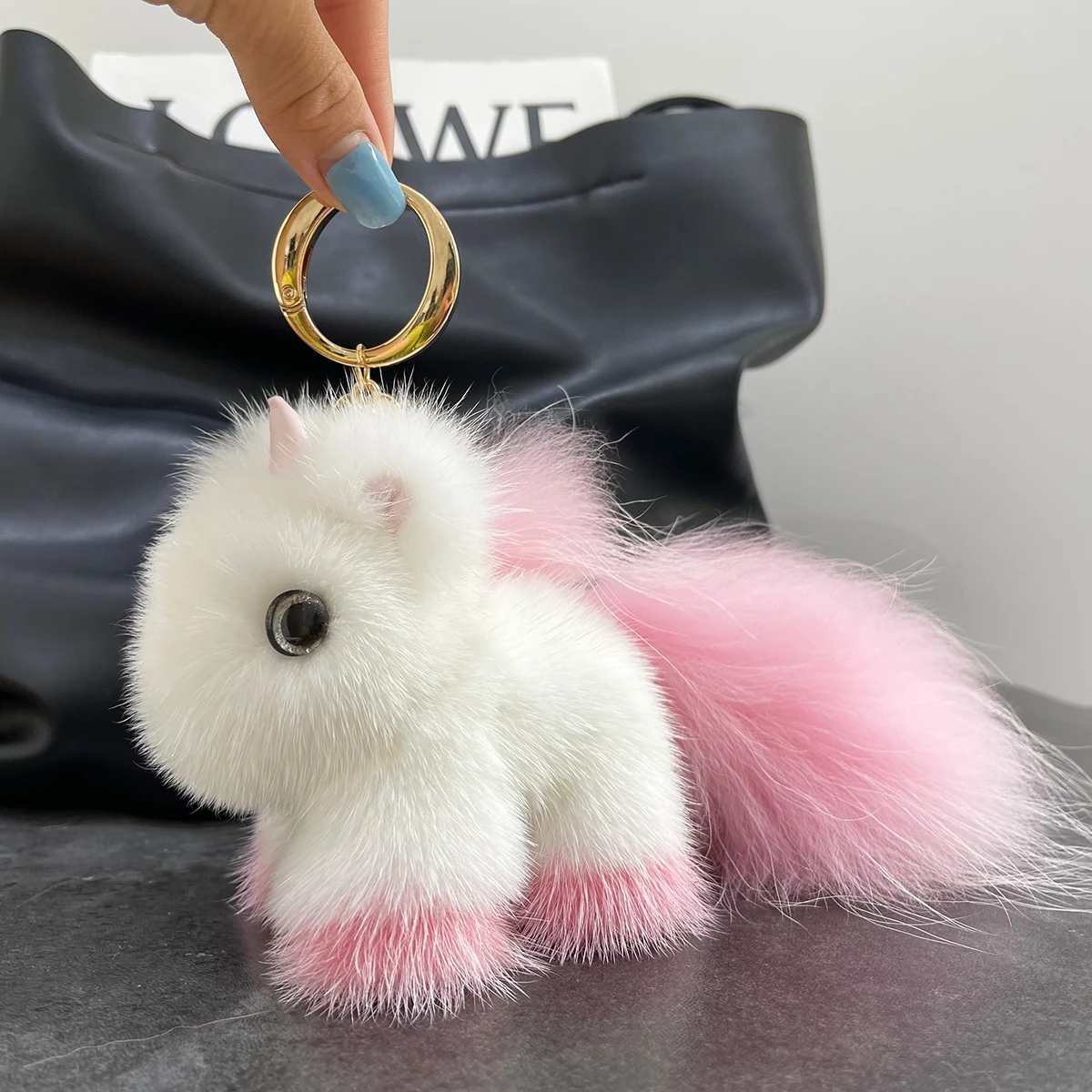 Unicorn Fluffy Fuzzy Keychain Real Mink Fur Bag Charm With Genuine Raccoon  Fur Tail Handbag Hanging Pendant