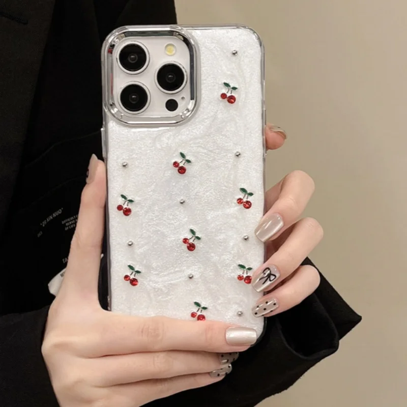 Fashion Electroplated Cartoon Diamond Glitter Cherry Cute Shockproof Silicone Case For iPhone 11 12 13 14 15 Pro Max Cover Girl