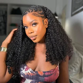 3 In 1 Human Hair Half Wig Glueless Drawstring Clip In Kinky Curly Headband Wig Natural Color Seamless Natural Looking For Women 1
