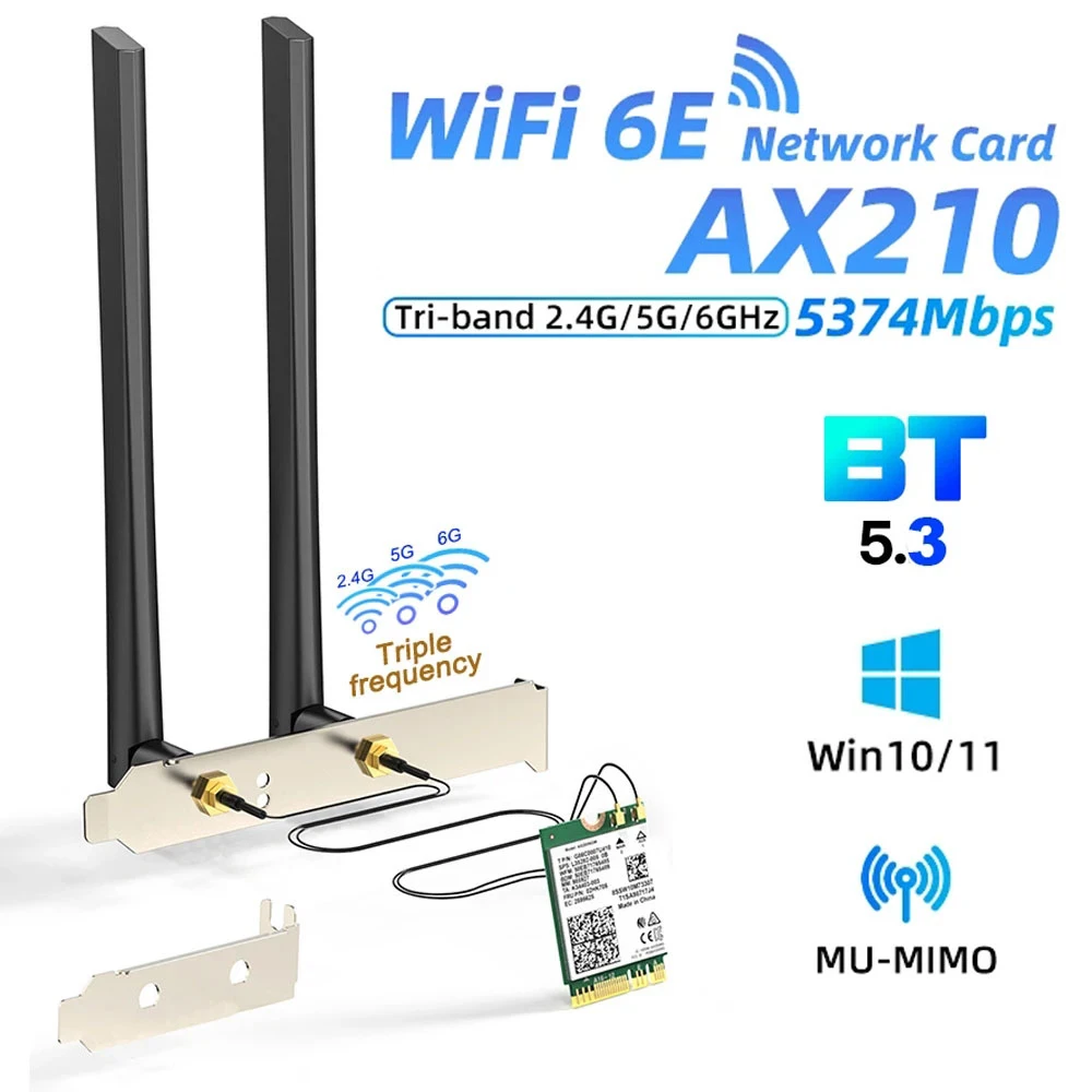 WiFi 6E AX210 Bluetooth 5.3 5374Mbps Wifi Card Desktop Kit Wireless Adapter 802.11ax 2.4Ghz/5Ghz/6Ghz Windows 10 11 PC